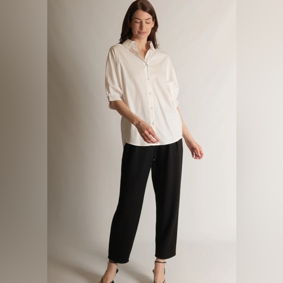 P Cill Poplin Button Up Blouse 3/4 Poof Balloon Sleeves White Large Elegant Work - Picture 3 of 12